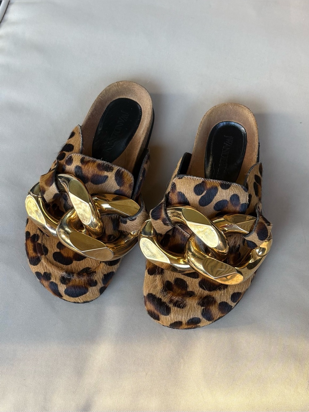 JW ANDERSON Leopard-Print Mules with Oversized Gold Chain